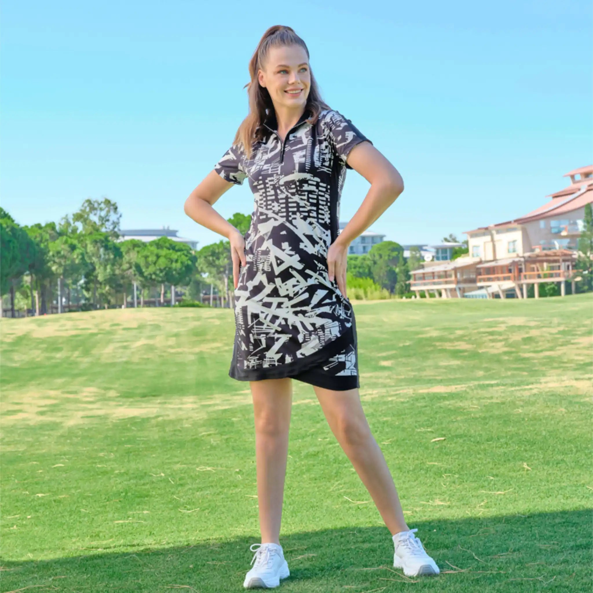 Matiere Urbaine Black & White Short Sleeved Zip Collar Dress